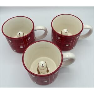 3 “St Nicholas Square" Red Plaid Mugs with Peek-A-Boo Puppy Figure Inside